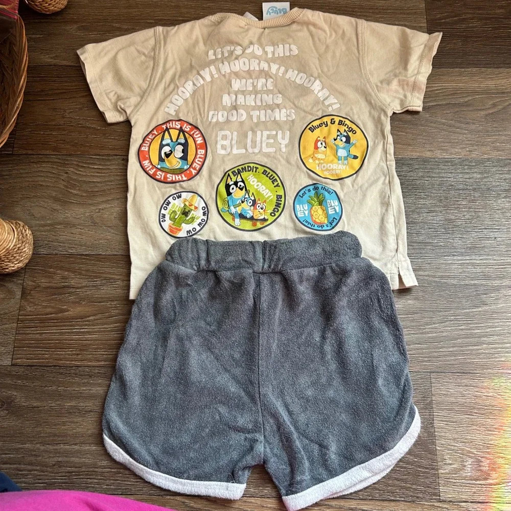 Zara Bluey  2 Piece Set Graphic T-Shirt and Grey Terry Shorts Tan